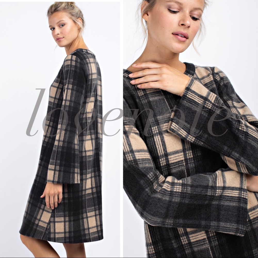 Softest Brushed Plaid Long Sleeve Dress Pockets - Picture 6 of 7
